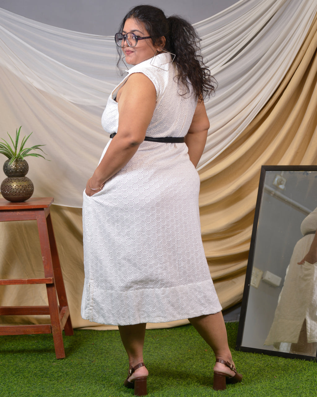 White Cutwork Collared Plus Size Dress