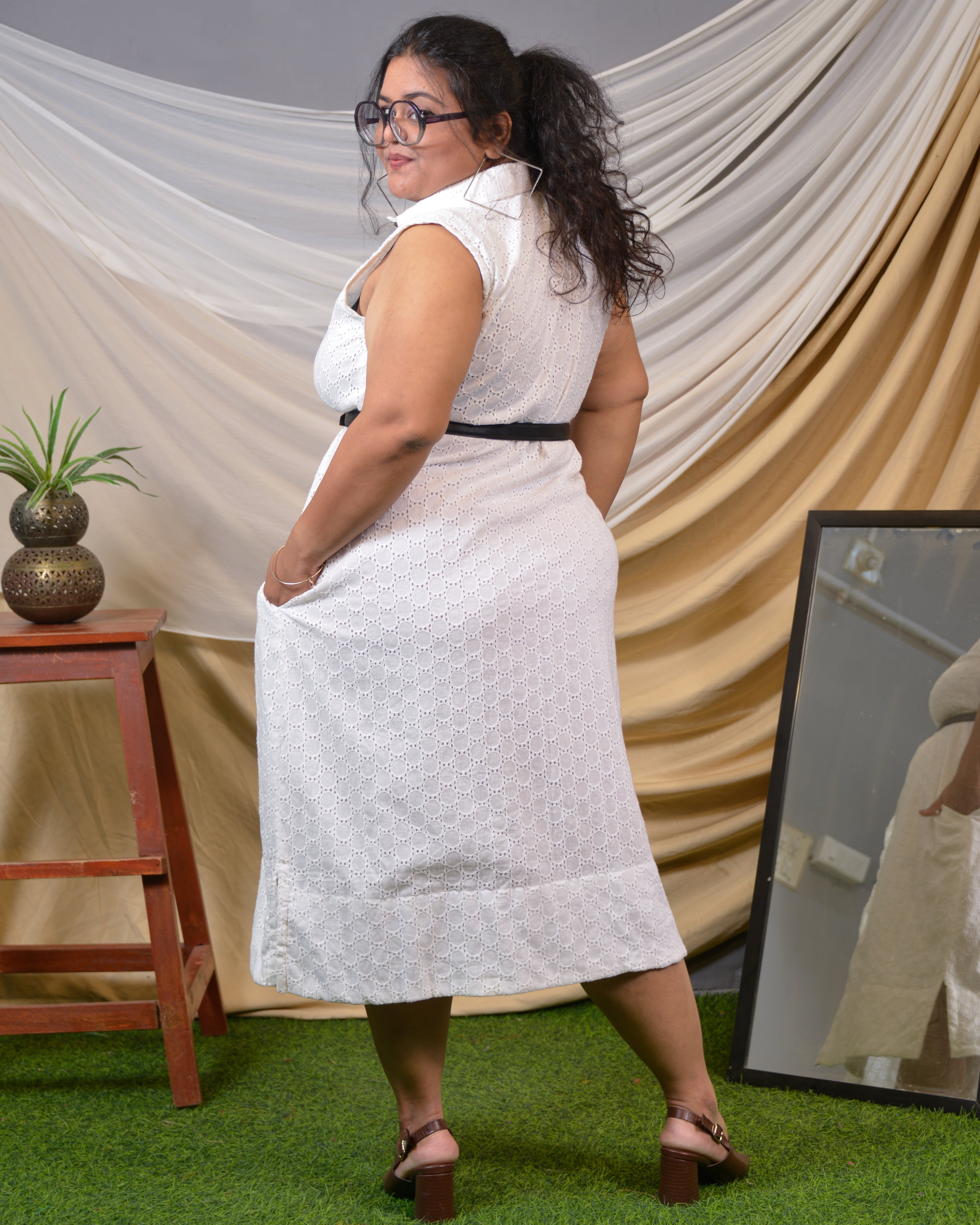 White Cutwork Collared Plus Size Dress
