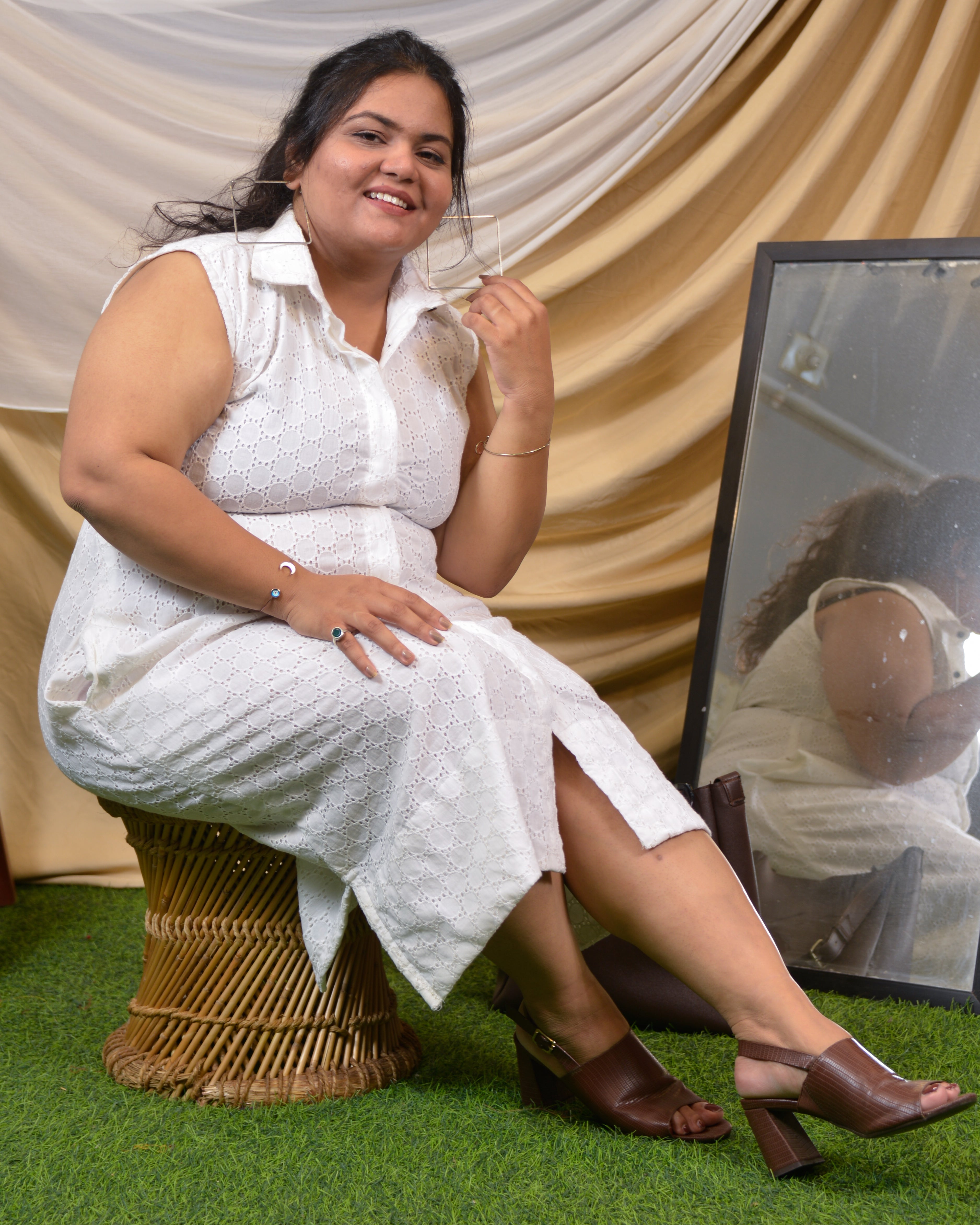 White Cutwork Collared Plus Size Dress