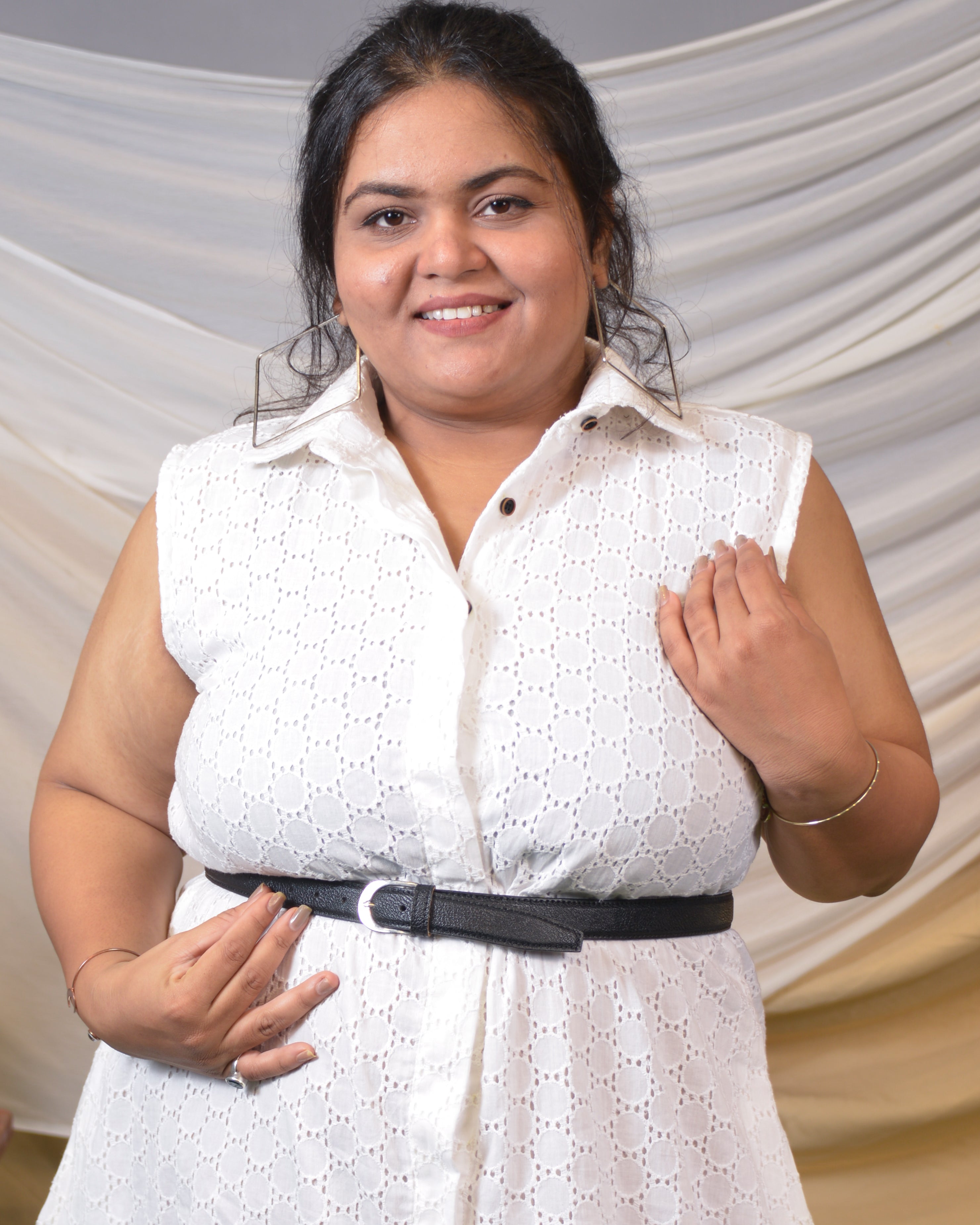 White Cutwork Collared Plus Size Dress