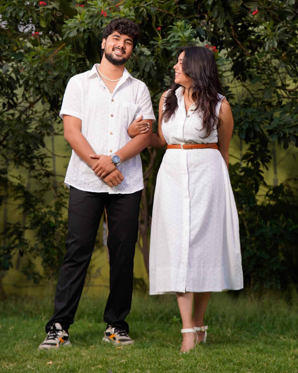 White Cutwork Collared Couple Set