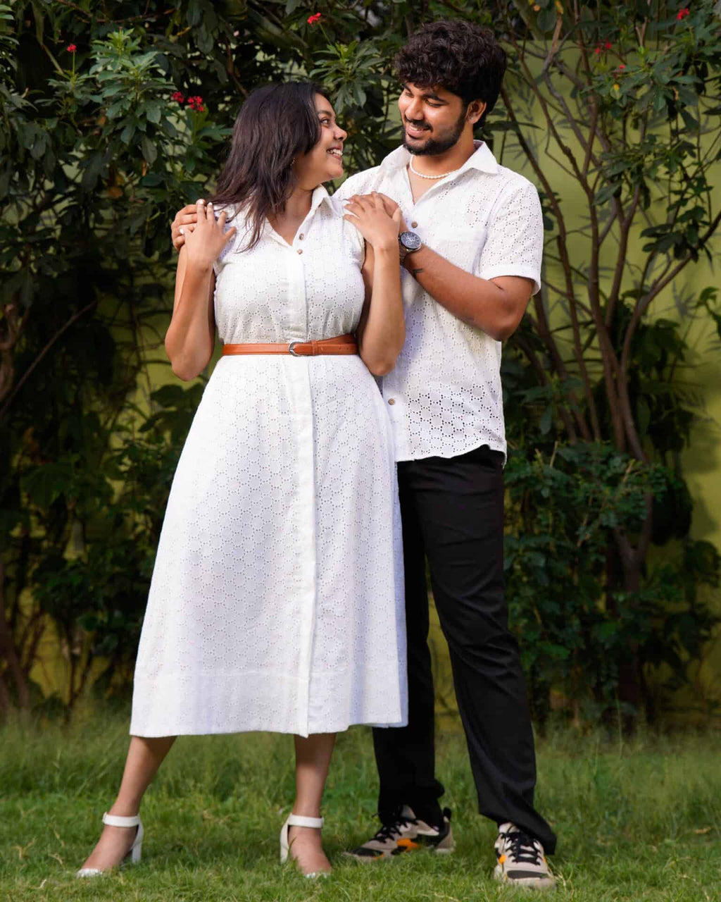 White Cutwork Collared Couple Set
