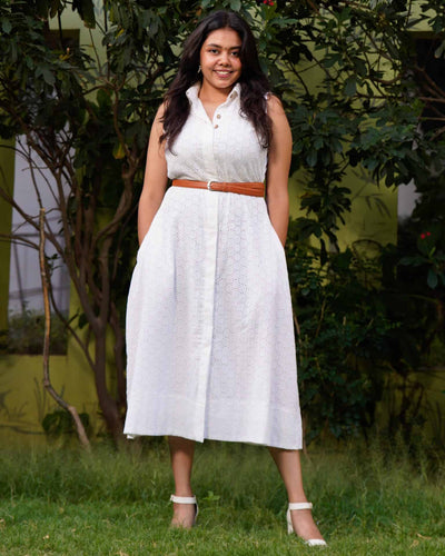 White Cutwork Collared Dress