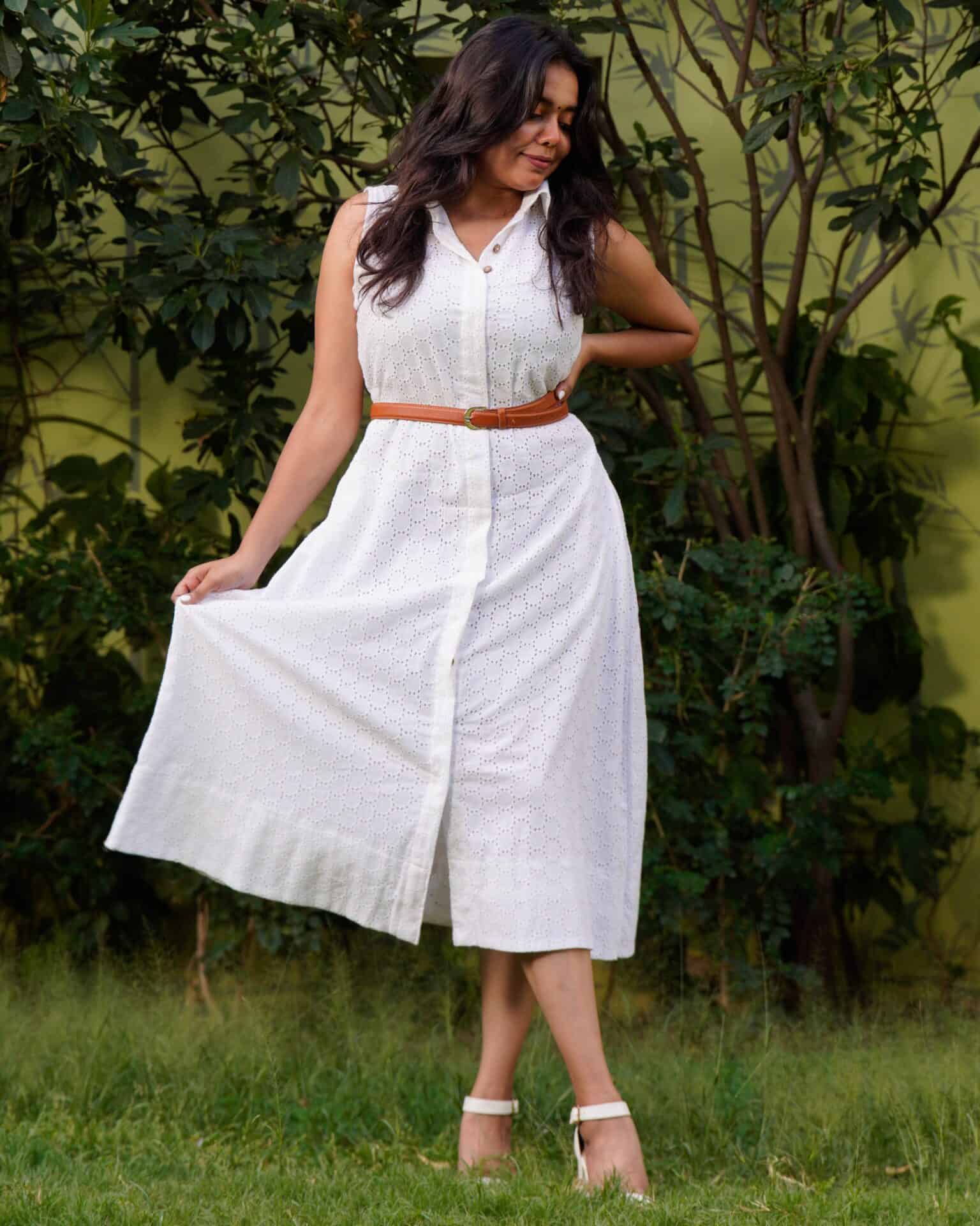 White Cutwork Collared Dress