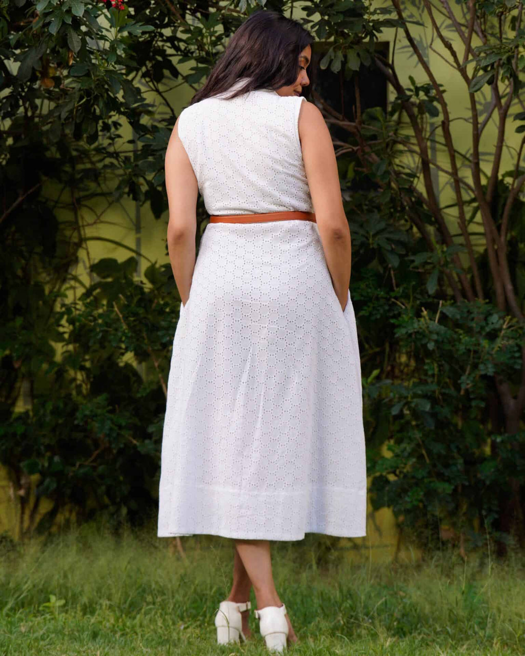 White Cutwork Collared Dress