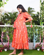 Tangy orange frill ikat maternity dress