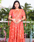 Tangy orange frill ikat maternity dress