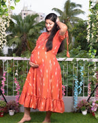 Tangy orange frill ikat maternity dress