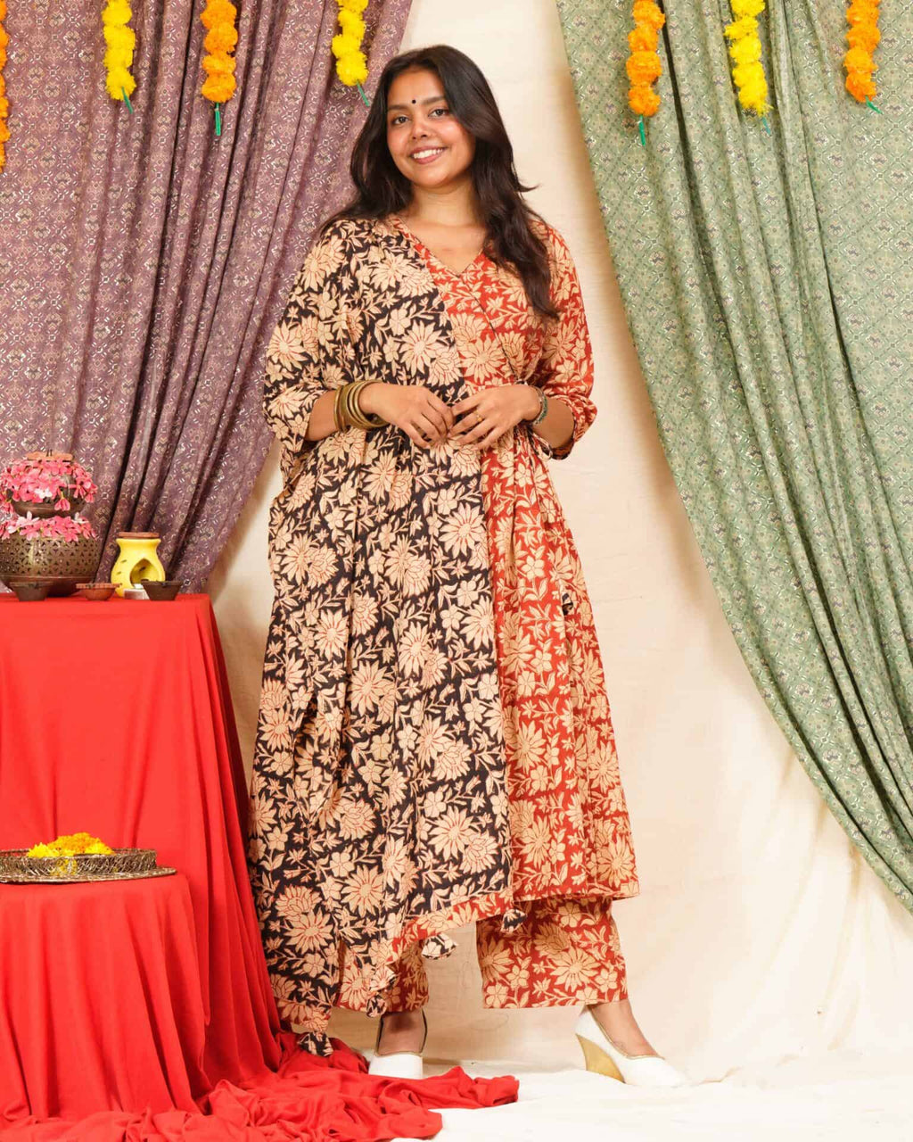 Queen Red Floral Angrakha Kurta Set