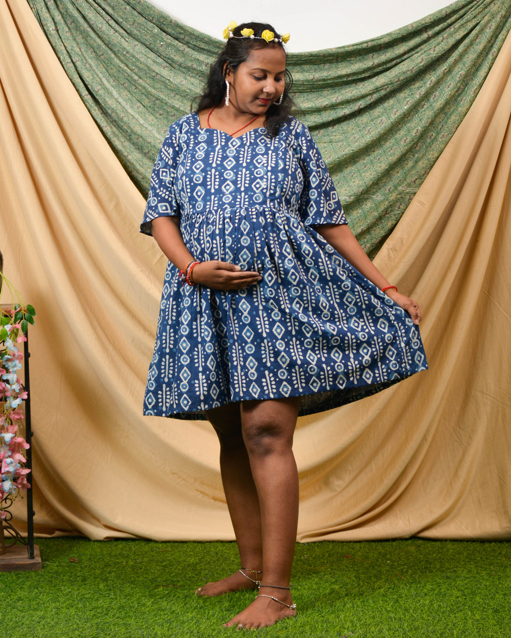 Indigo Warli Short Maternity Dress