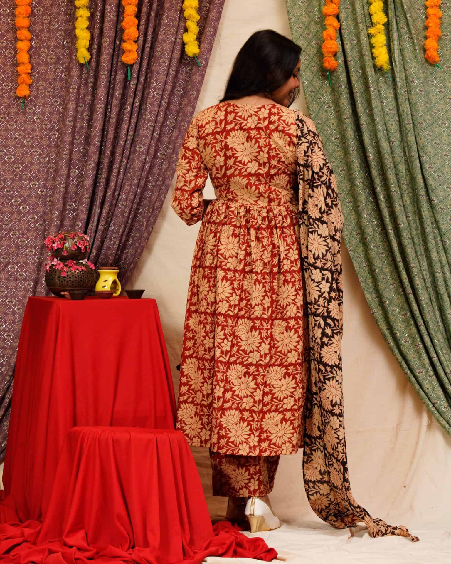 Queen Red Floral Angrakha Kurta Set