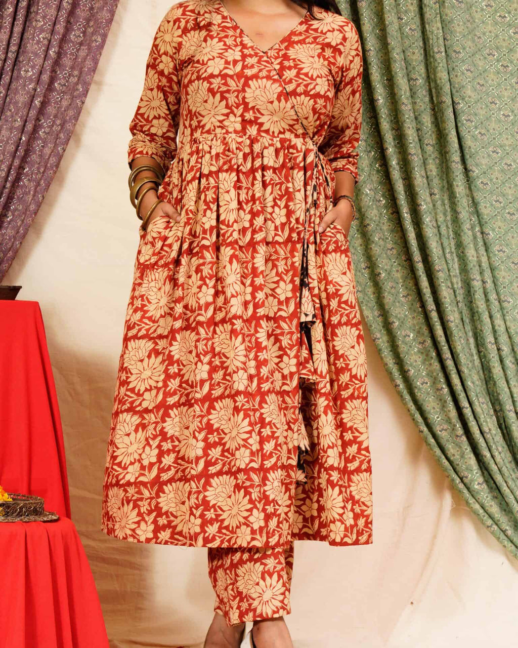Queen Red Floral Angrakha Maternity Dress Set