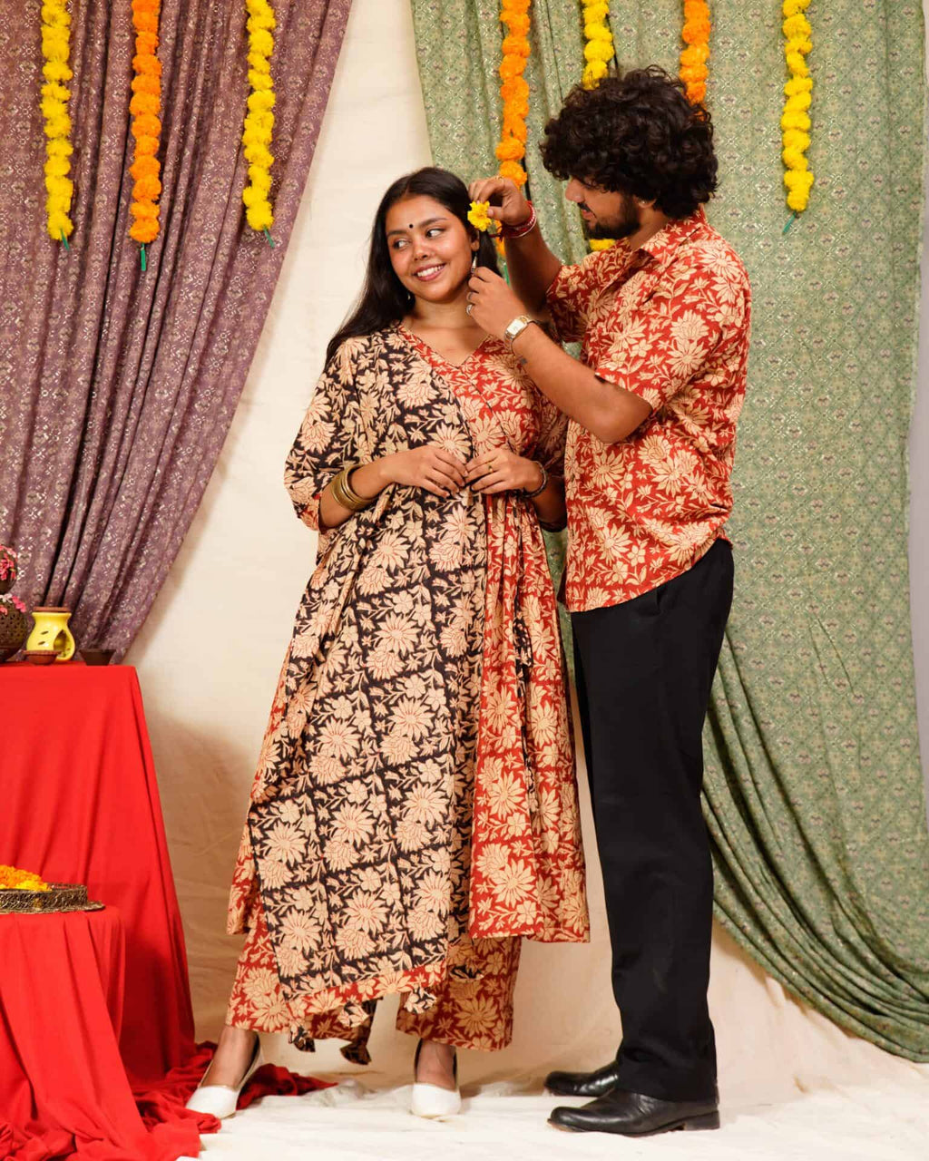 Queen Red Floral Angrakha Family Set