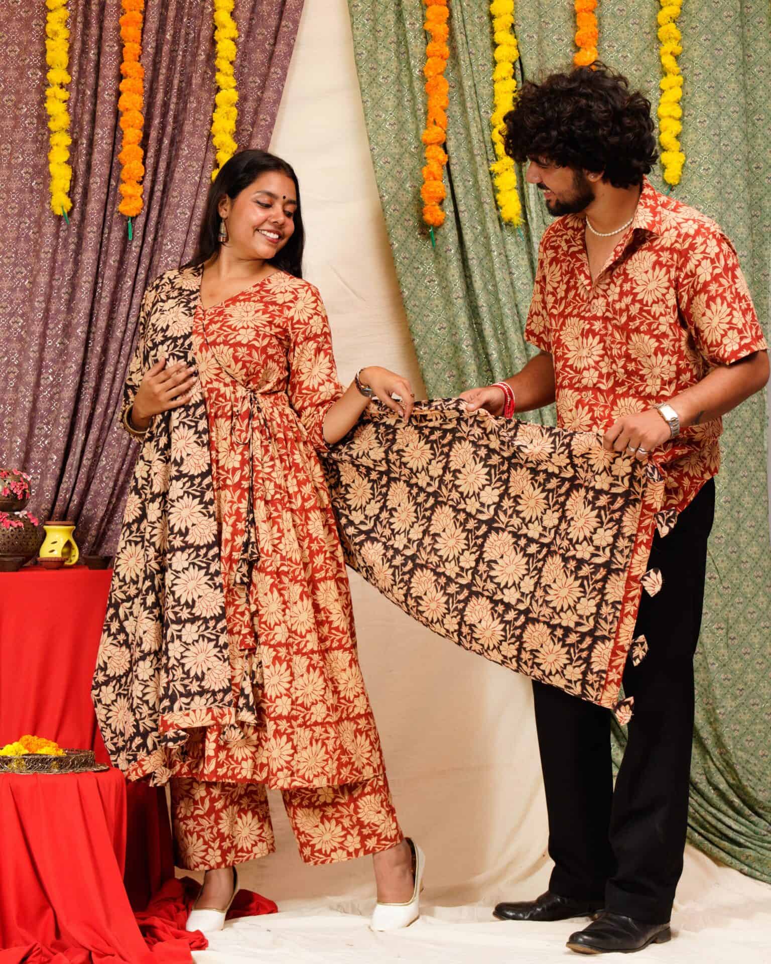 Queen Red Floral Angrakha Couple Set
