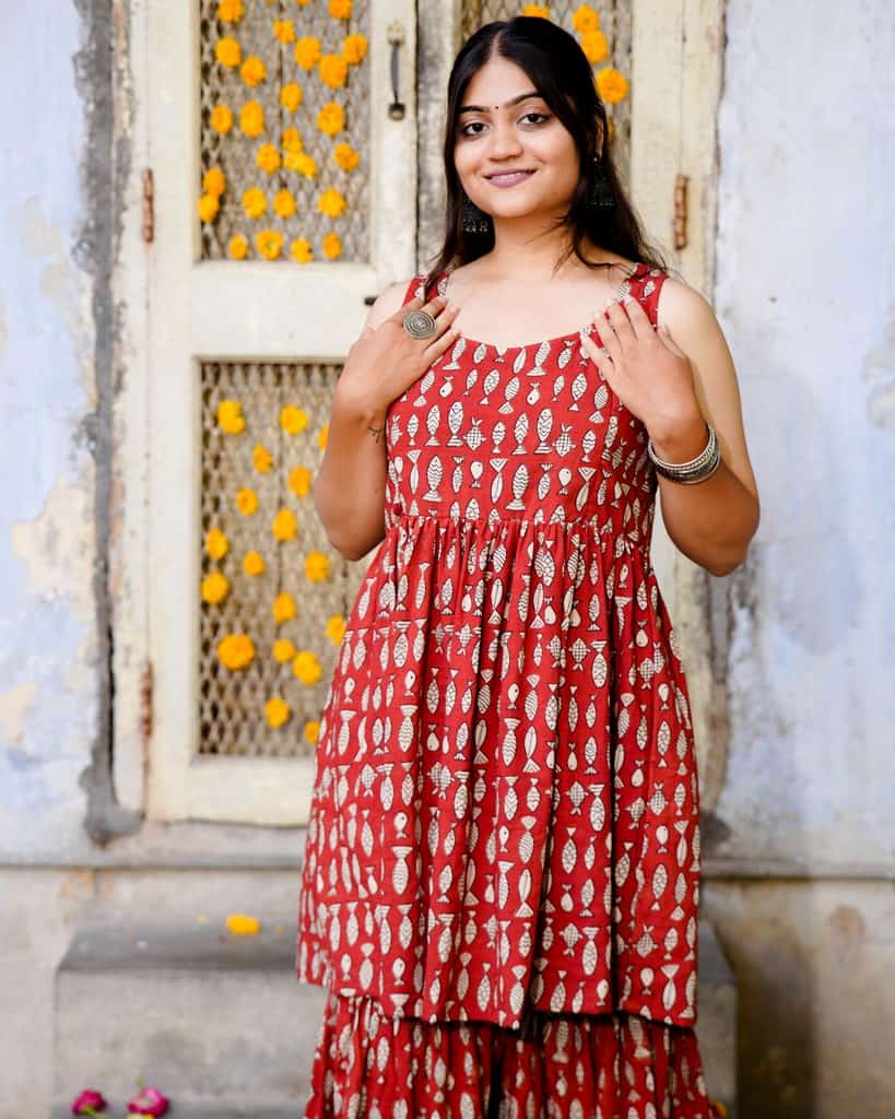 Red Fish Print Sharara Maternity Set