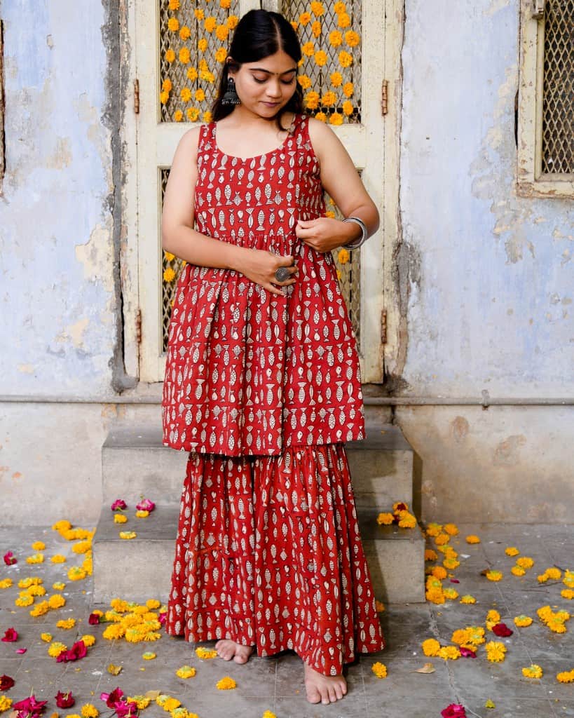 Red Fish Print Sharara Maternity Set