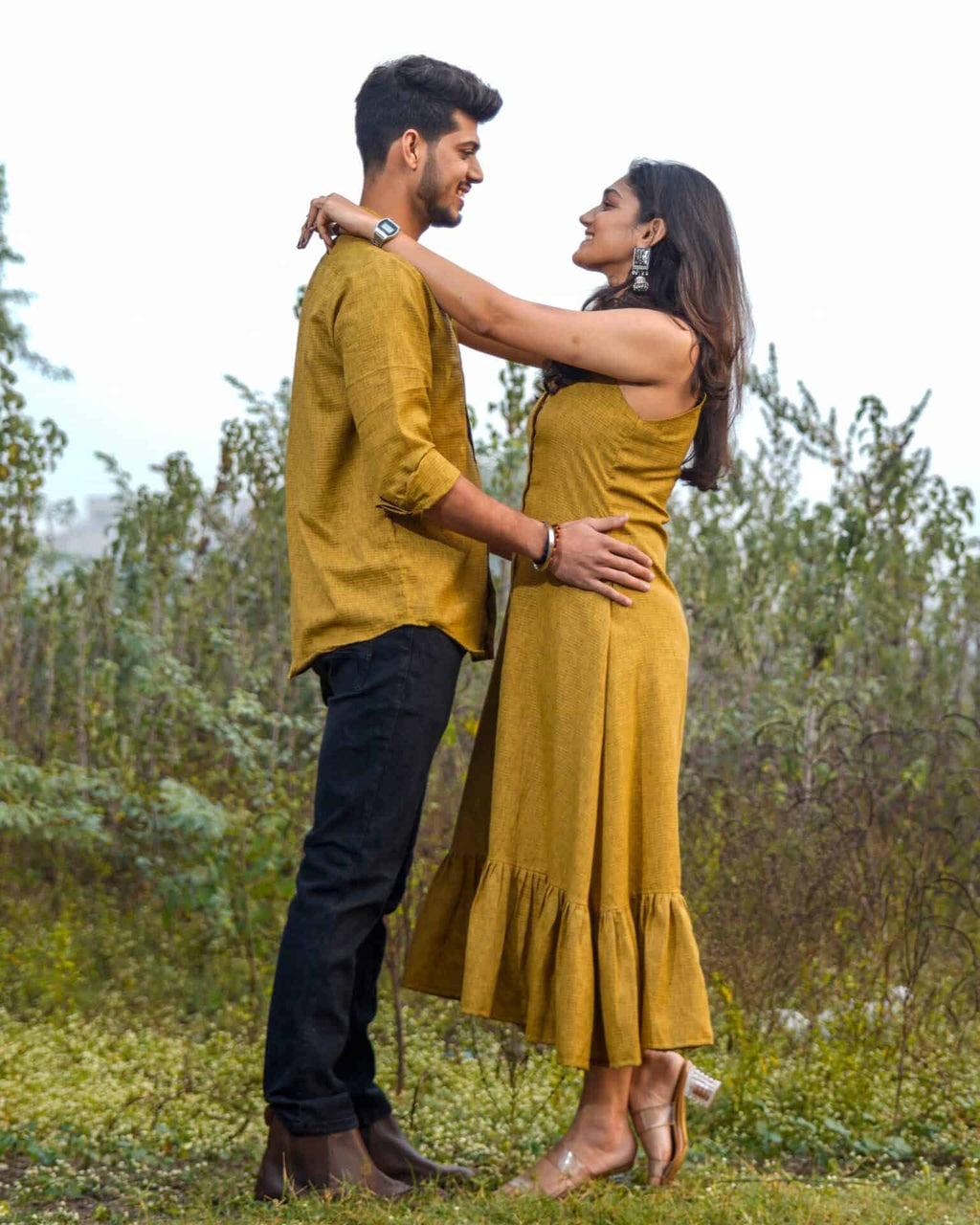 Mustard Checkered Strappy Couple Set