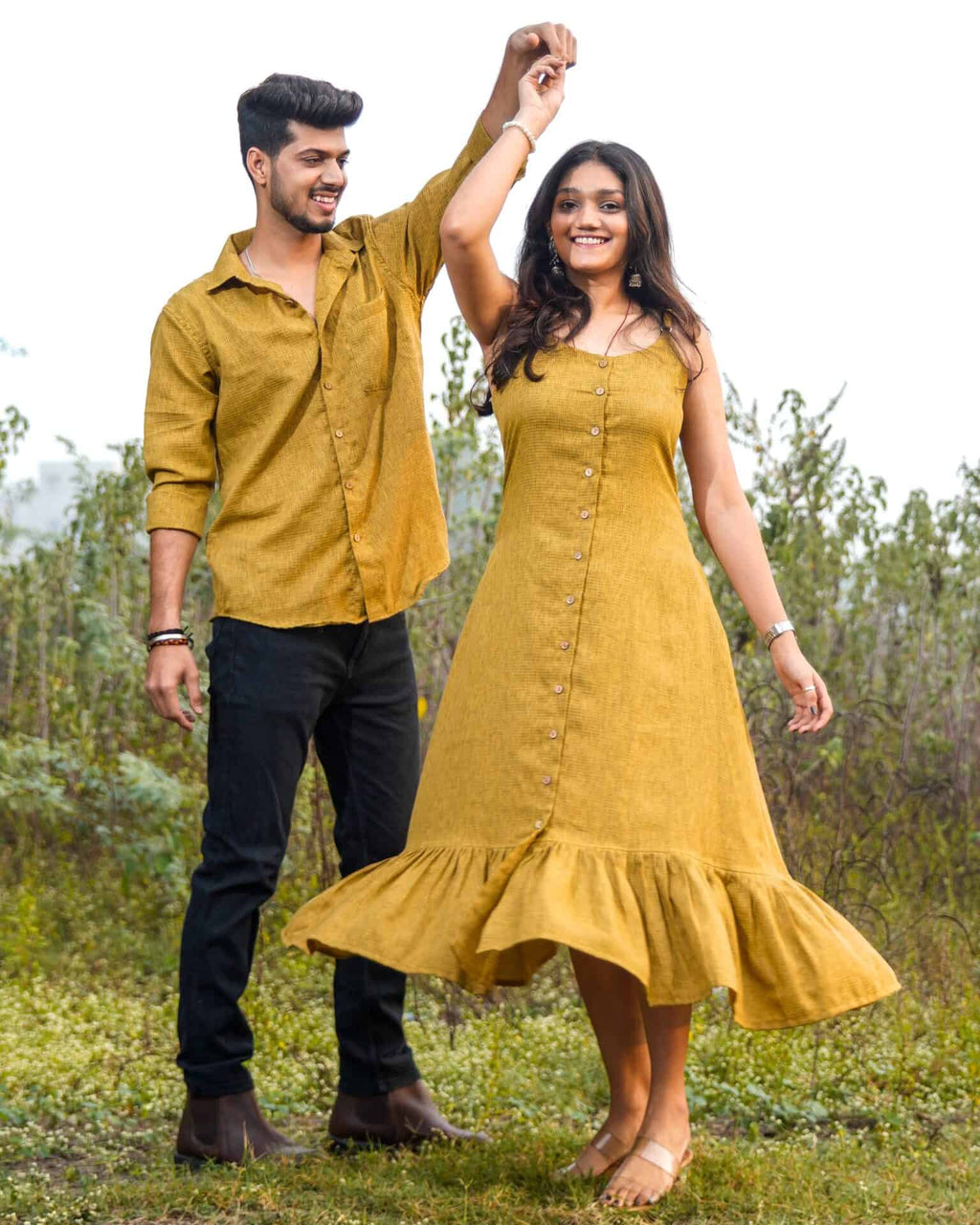 Mustard Checkered Strappy Couple Set