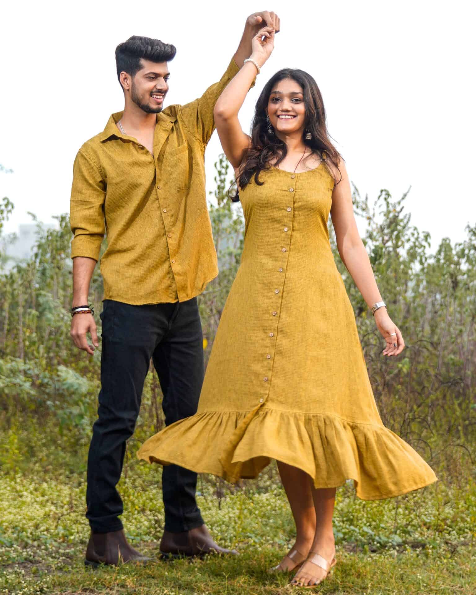 Mustard Checkered Strappy Couple Set