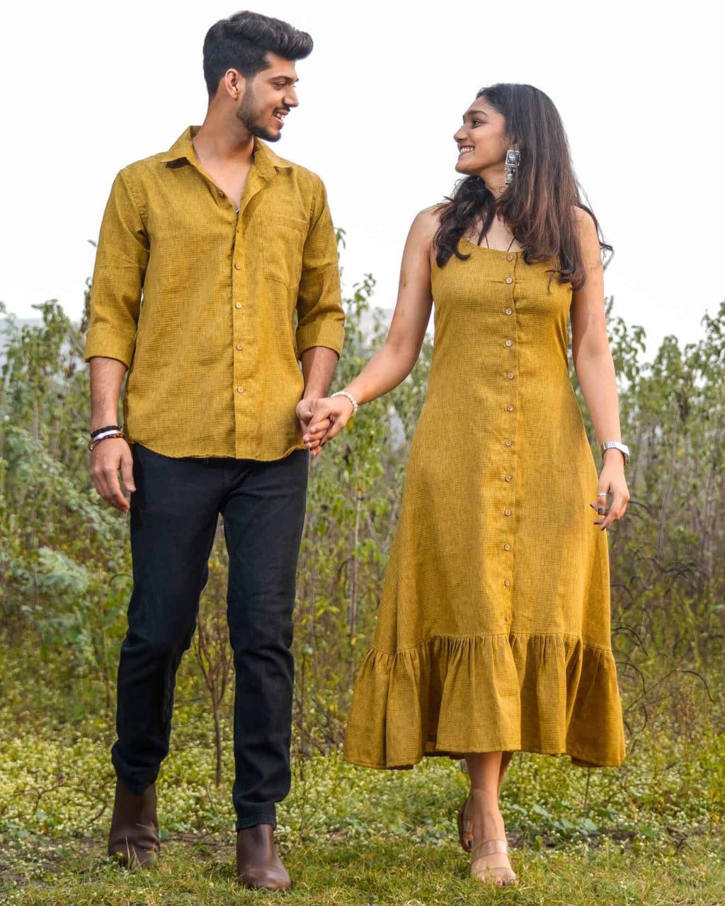 Mustard Checkered Strappy Couple Set
