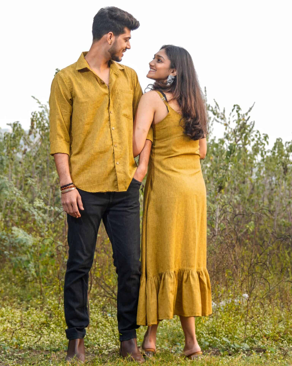 Mustard Checkered Strappy Couple Set