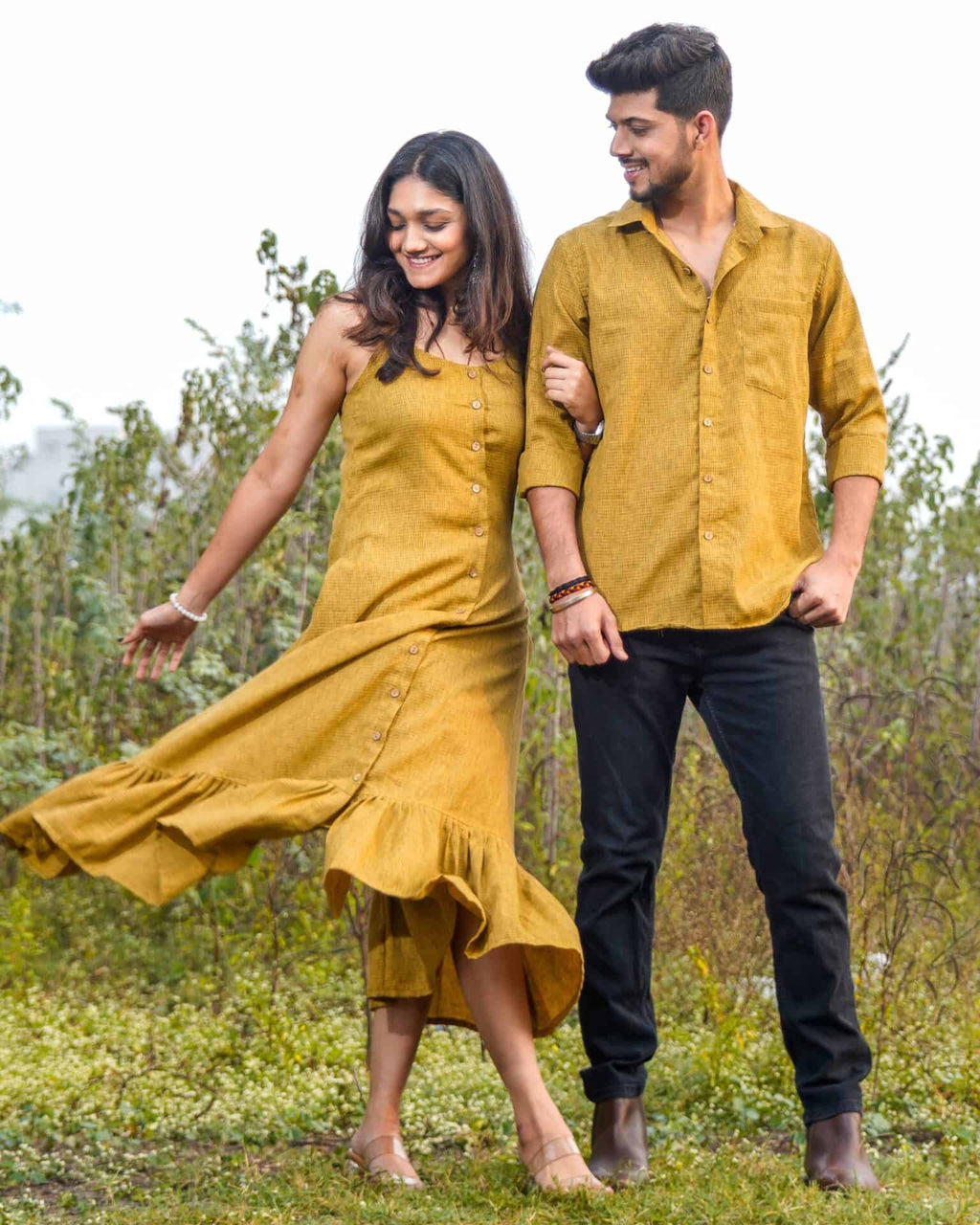 Mustard Checkered Strappy Couple Set