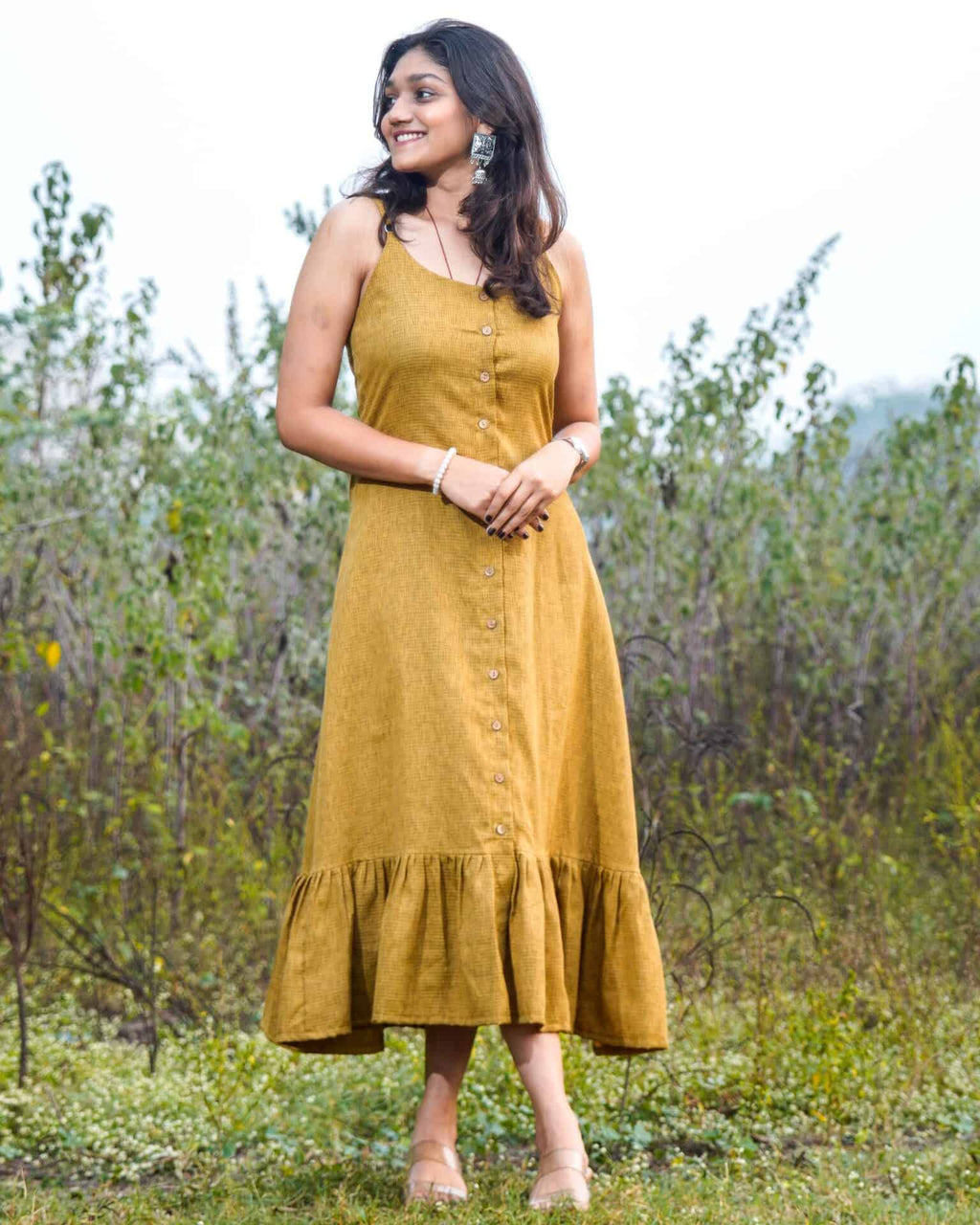 Mustard Checkered Strappy Dress