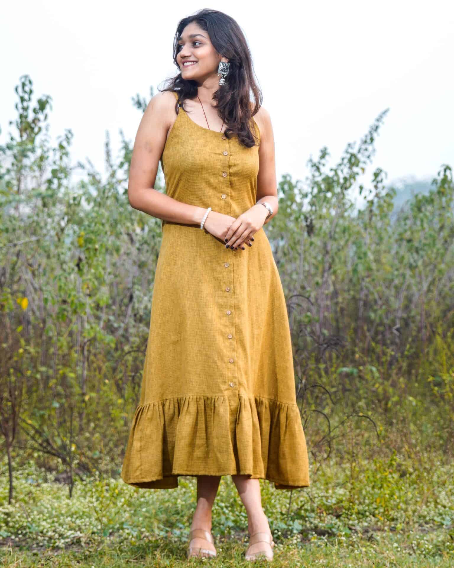 Mustard Checkered Strappy Maternity Dress