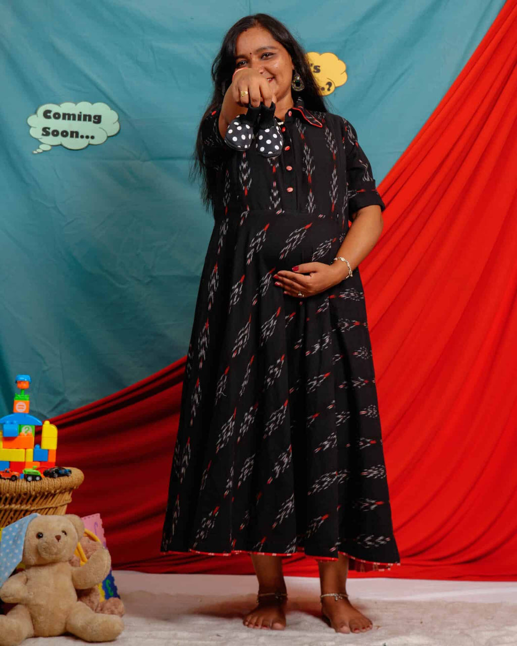 Black Ikat Collared Maternity Dress