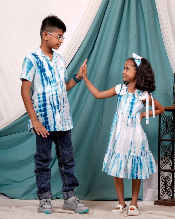 Blue Shibori Punch Mother Kids Twinning