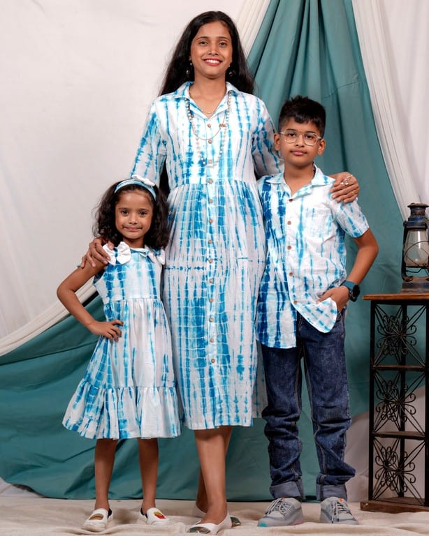 Blue Shibori Punch Mother Kids Twinning