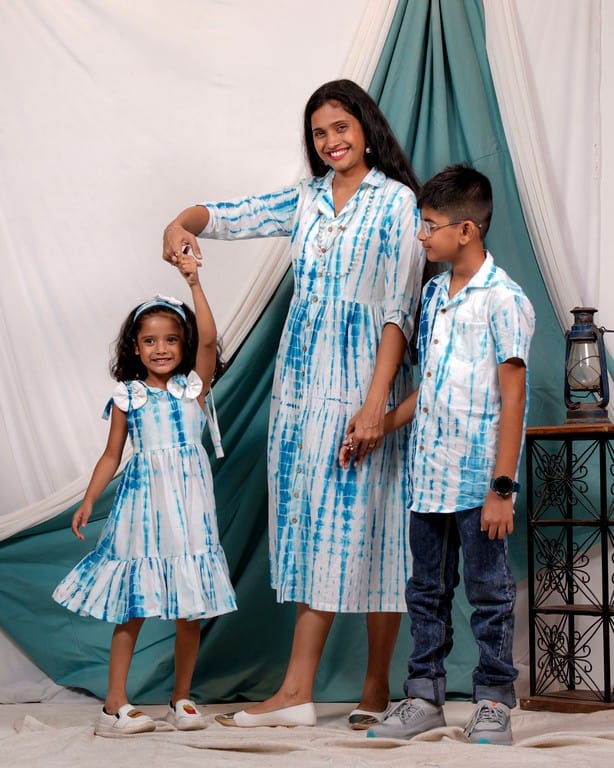 Blue Shibori Punch Mother Kids Twinning