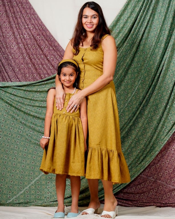Mustard Checkered Strappy Mother Daughter Twinning