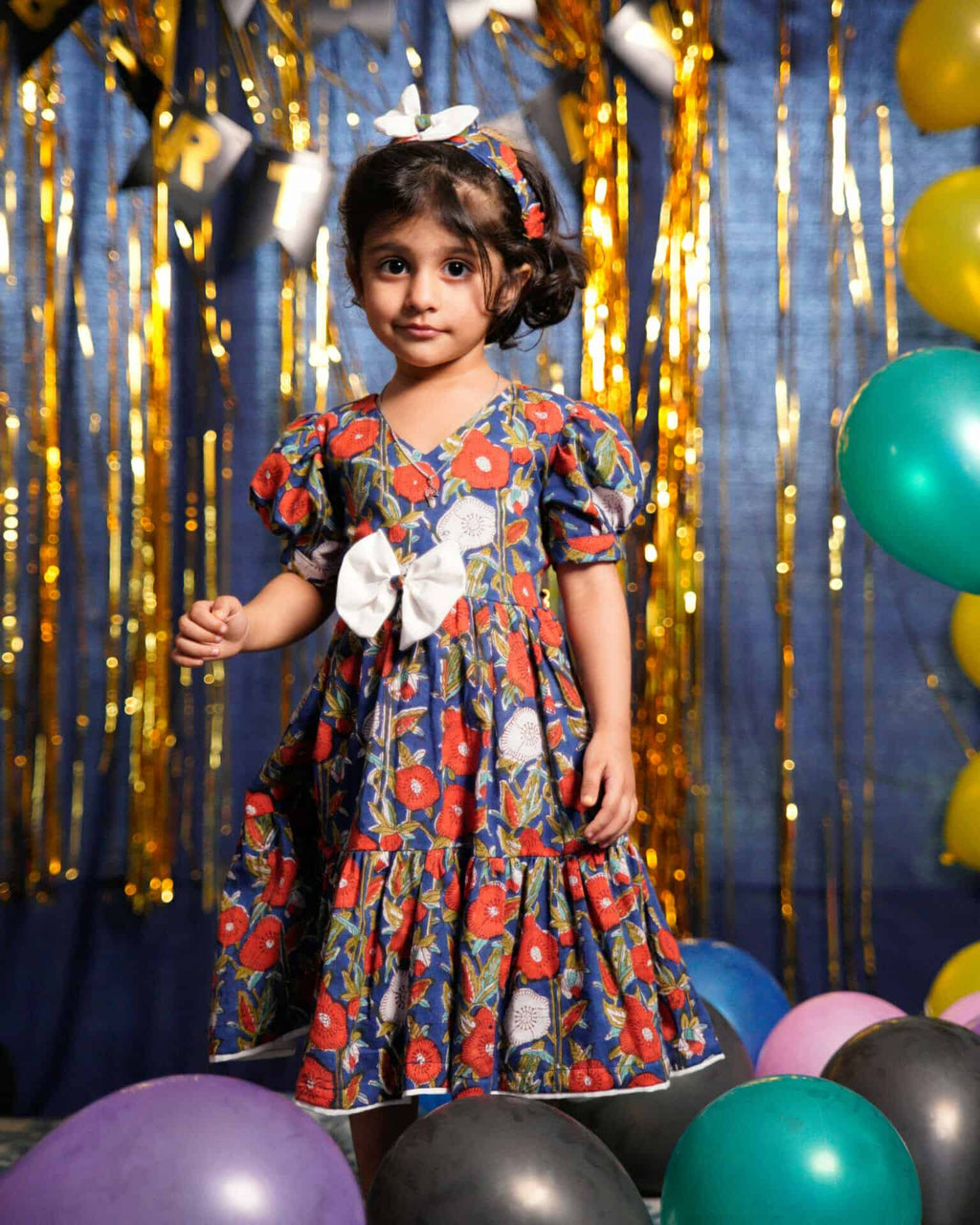 Crimson Blue Floral  Kids Dress