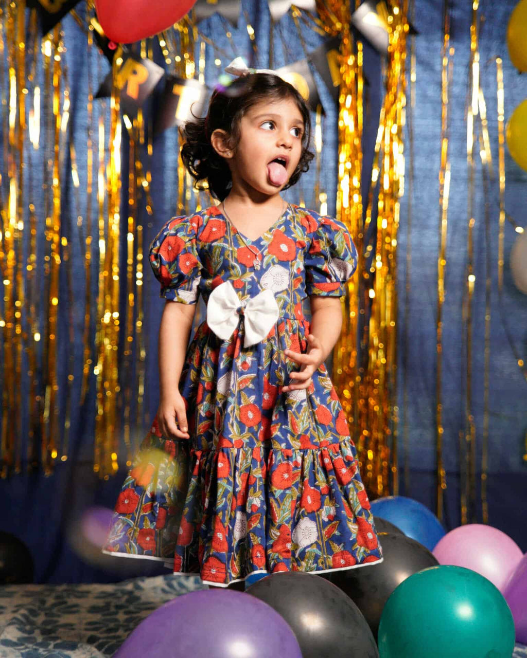 Crimson Blue Floral  Kids Dress