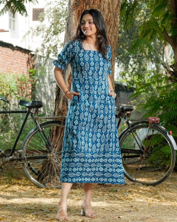 Indigo Warli Long Shift Maternity Dress
