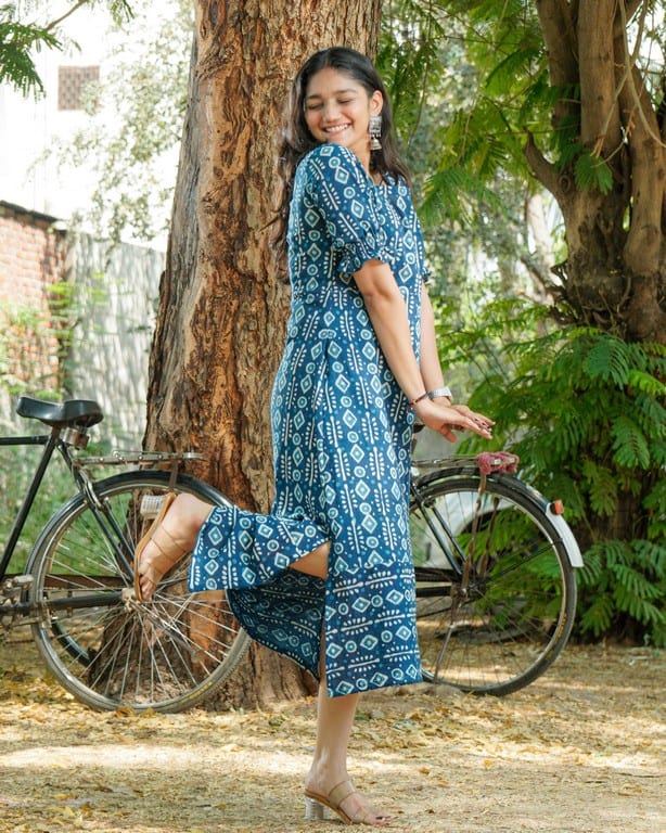 Indigo Warli Long Shift Maternity Dress
