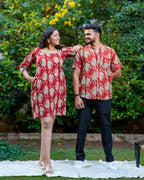 Red Kitty Puff Sleeves Shift Couple Set