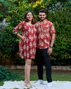 Red Kitty Puff Sleeves Shift Couple Set