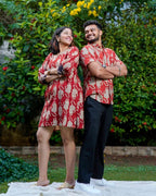Red Kitty Puff Sleeves Shift Couple Set