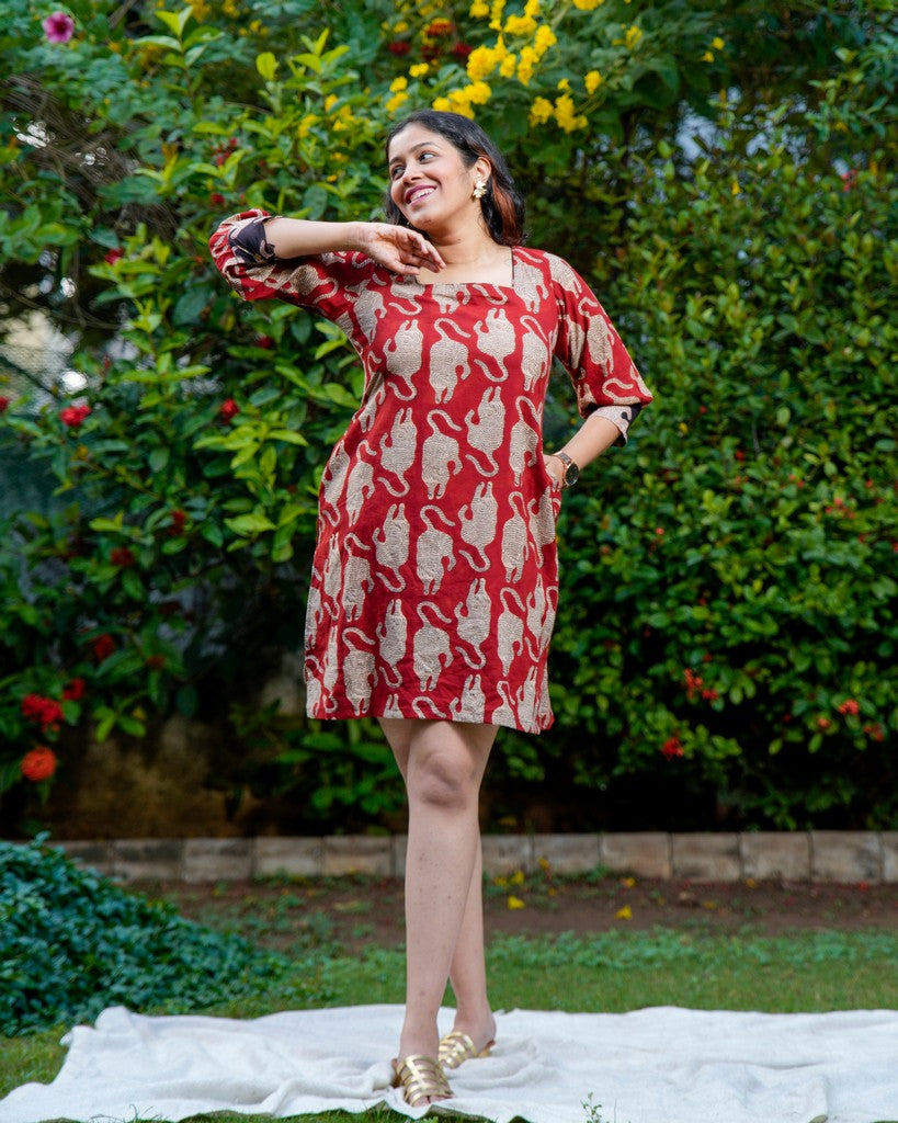 Red Kitty Puff Sleeves Shift Maternity Dress