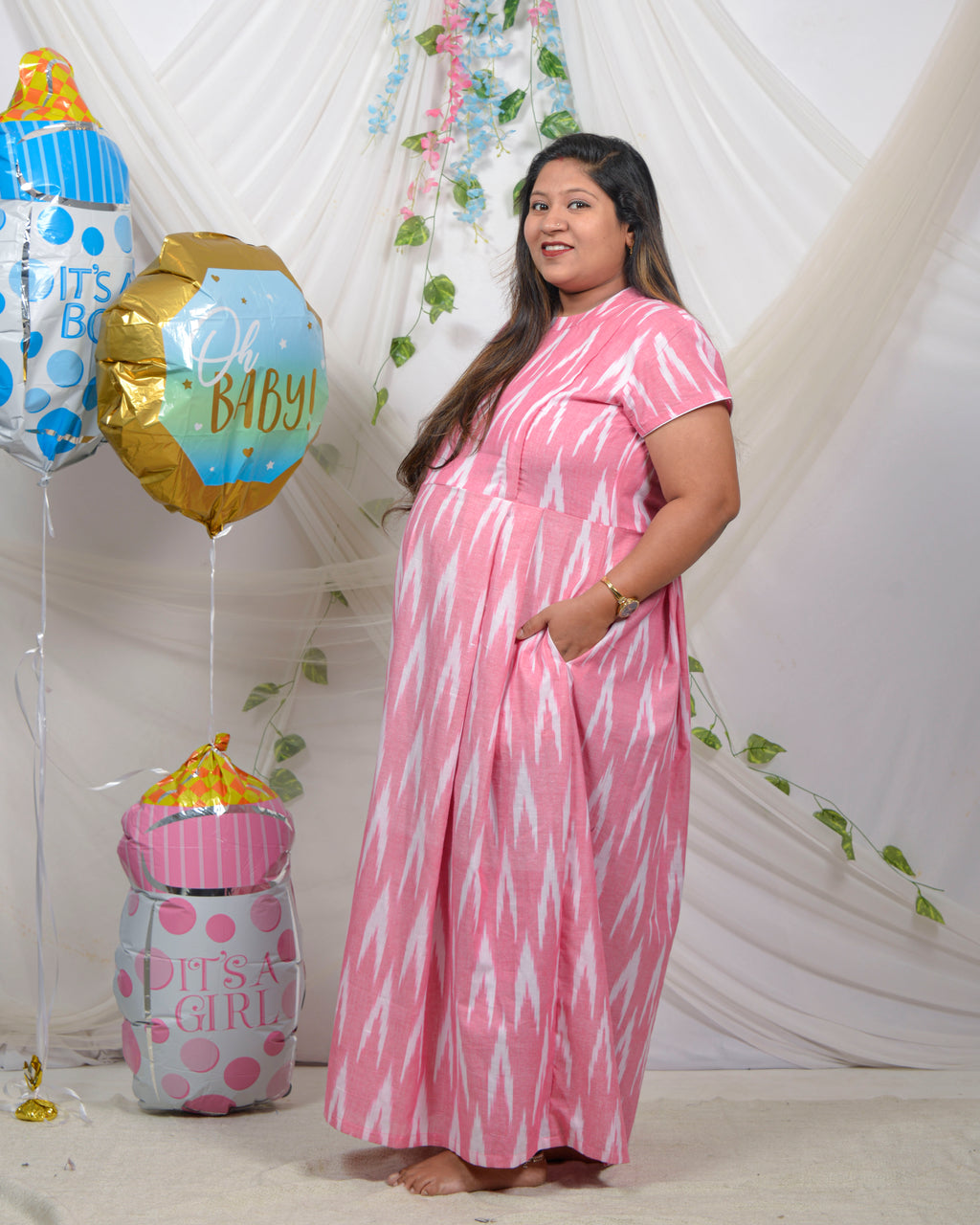 Pink Ikat Maxi Nursing Dress