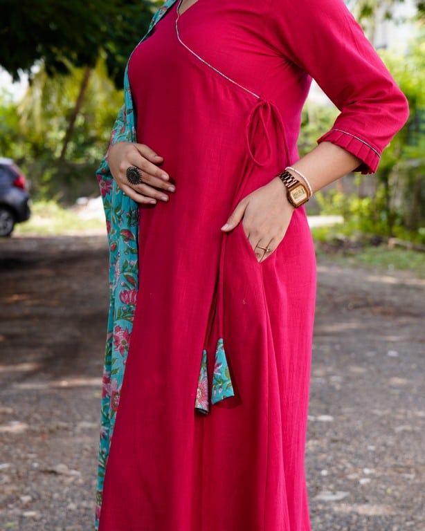 Raspberry Aqua Pink Anarkali Maternity Dress Set