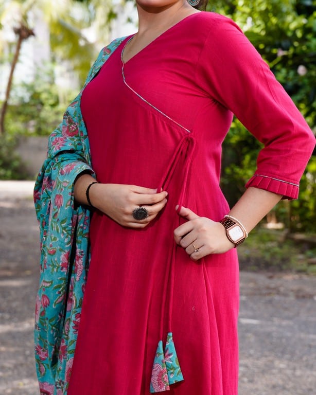 Raspberry Aqua Pink Anarkali Maternity Dress Set