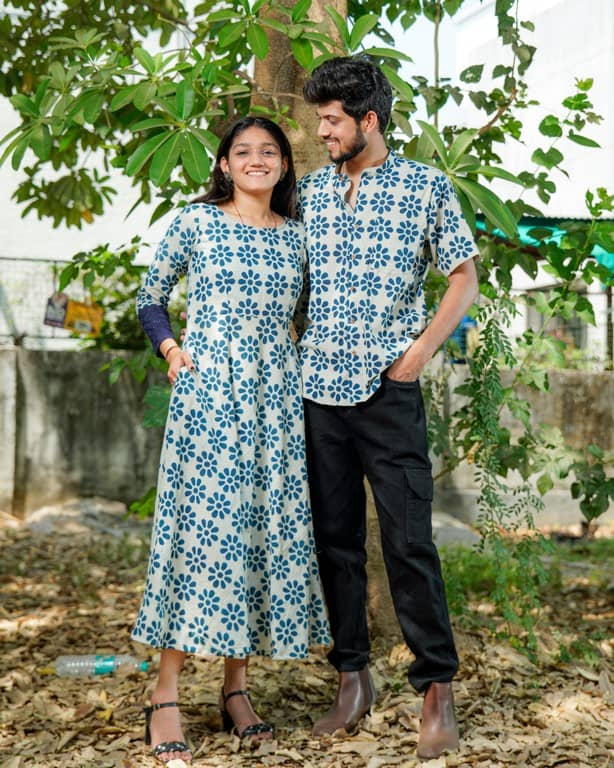 Indigo Floral Dress Couple Set