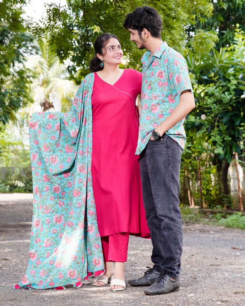 Raspberry Aqua Pink Anarkali Couple Set