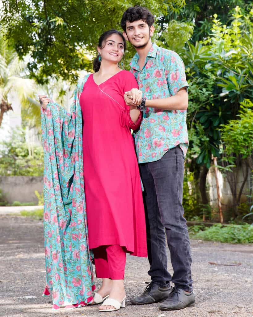 Raspberry Aqua Pink Anarkali Couple Set