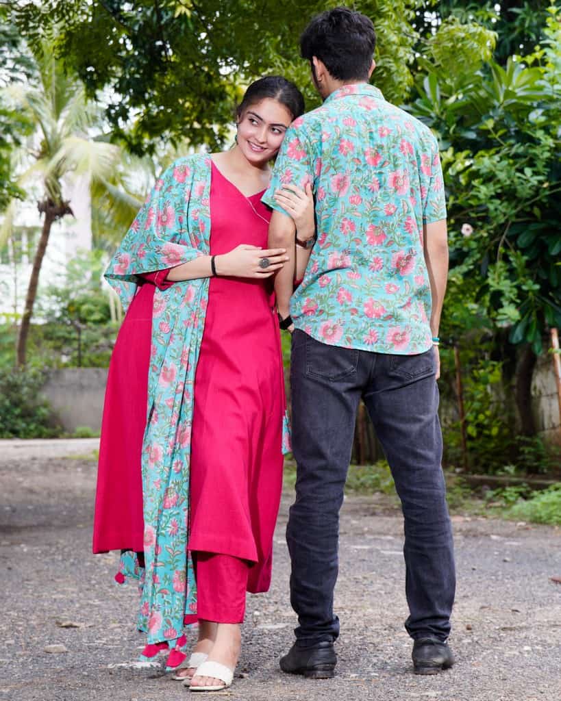 Raspberry Aqua Pink Anarkali Couple Set