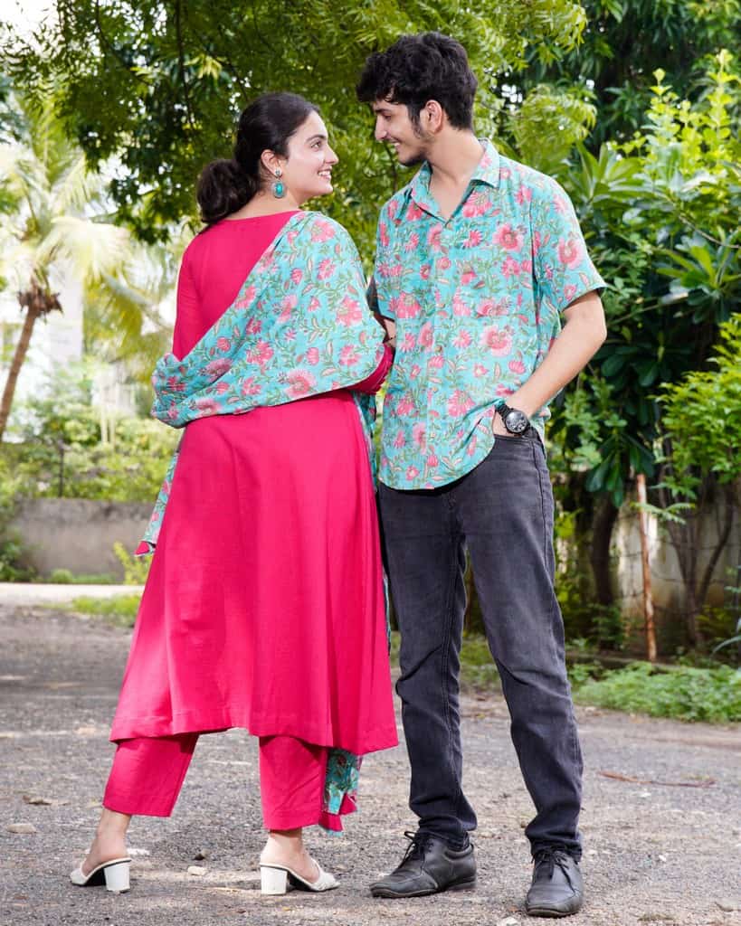 Raspberry Aqua Pink Anarkali Couple Set