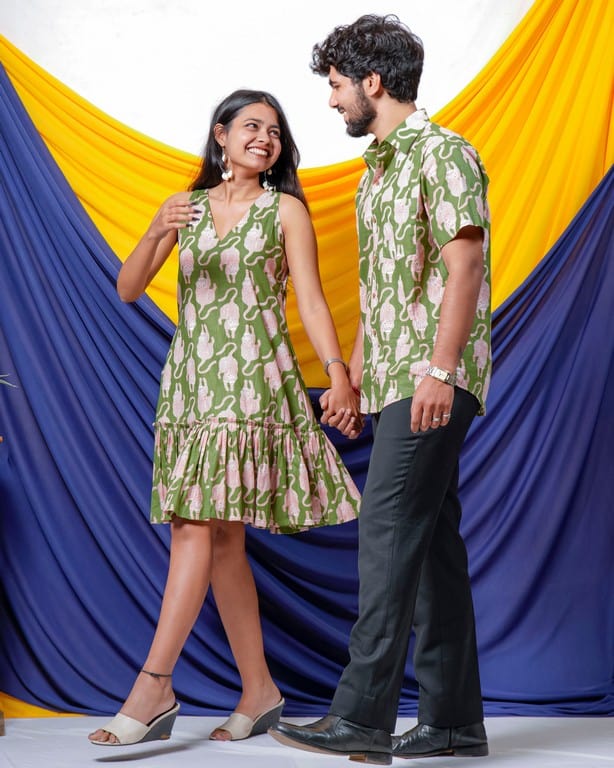 Green Kitty Short Frill Couple Set
